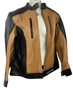 Black Premium Leather Jacket with Tan Leather Accents, Upper Vents, zip out liner with Level 2 Guards
