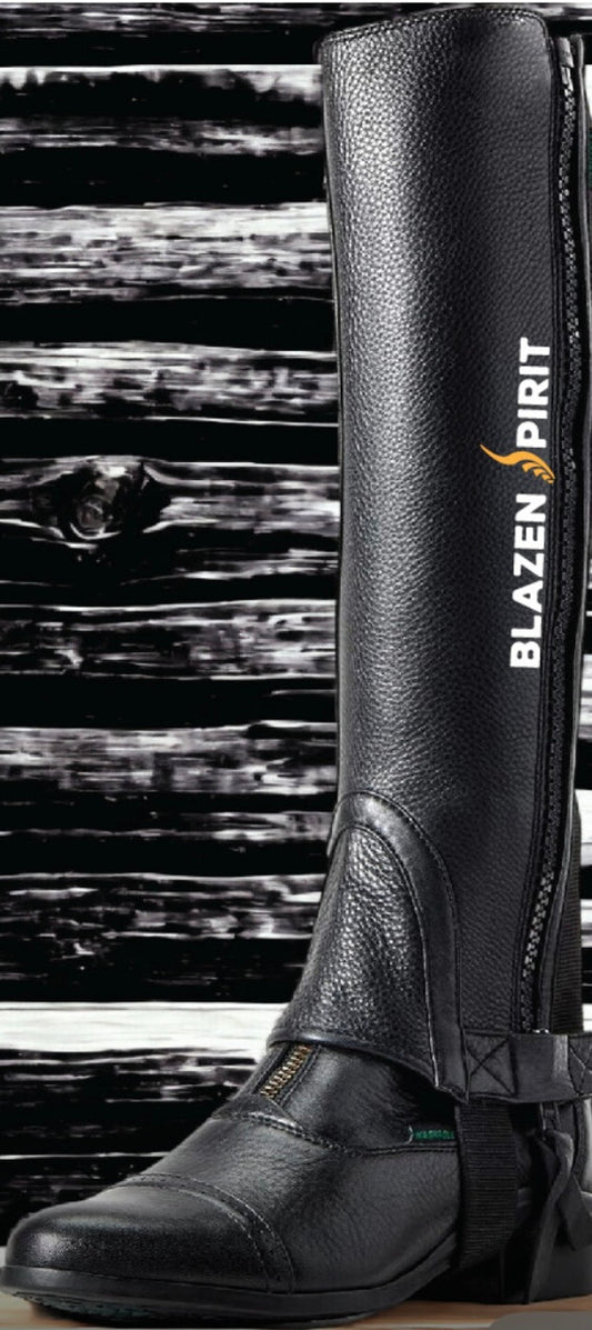 Black Cowhide Leather 1/2 Half chaps with inner mesh liner and full zip (Blazen Spirit Branding, one leg)
