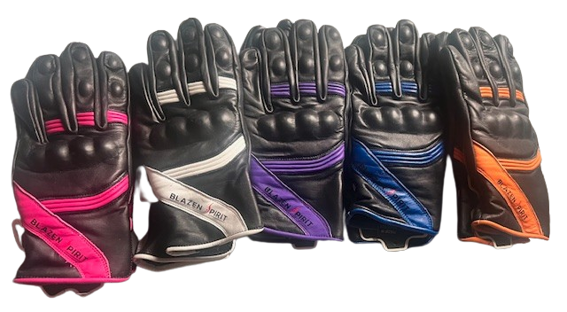 Black Leather branded Blazen Spirit leather glove Purple Royal Blue Orange White Pink detail with Cordura (TM) fabric rain barrier layer