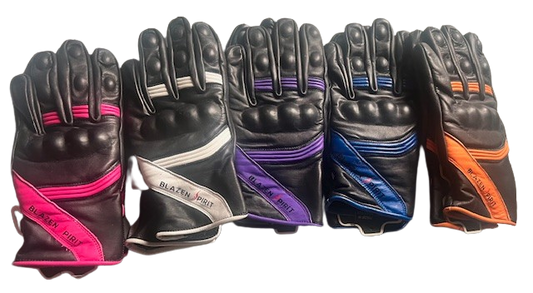 Black Leather branded Blazen Spirit leather glove Purple Royal Blue Orange White Pink detail with Cordura (TM) fabric rain barrier layer