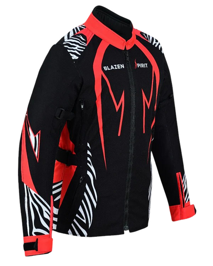 Blazen Spirit Signature  "Zara" Textile All Weather Jacket Red Black White Zebra Print (Lady Rider, Stylish Motorcycle Jacket)