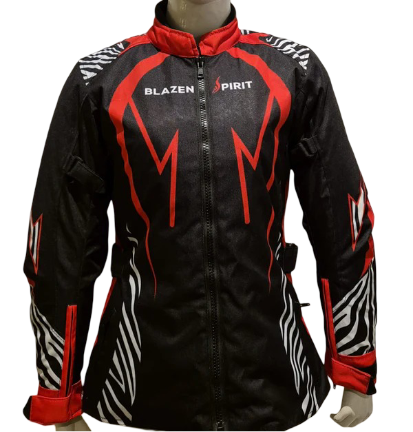 Blazen Spirit Signature  "Zara" Textile All Weather Jacket Red Black White Zebra Print (Lady Rider, Stylish Motorcycle Jacket)