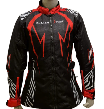 Blazen Spirit Signature  "Zara" Textile All Weather Jacket Red Black White Zebra Print (Lady Rider, Stylish Motorcycle Jacket)