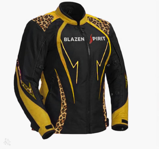 All Weather Blazen Spirit Signature "Raven" Cordura Textile Jacket in Black, Yellow and Leopard Print
