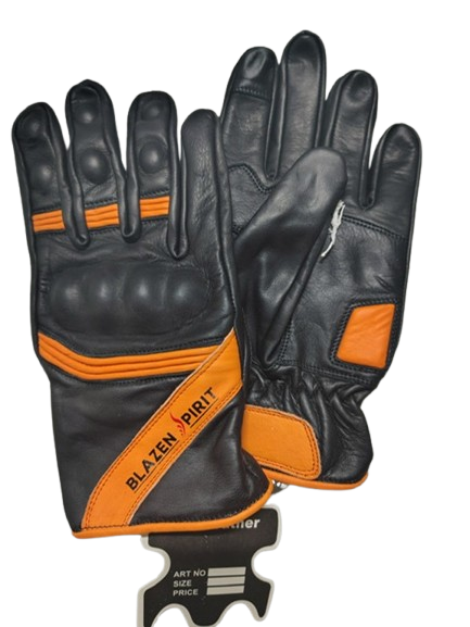 Black Leather branded Blazen Spirit leather glove Purple Royal Blue Orange White Pink detail with Cordura (TM) fabric rain barrier layer