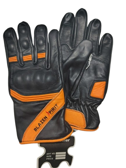 Black Leather branded Blazen Spirit leather glove Purple Royal Blue Orange White Pink detail with Cordura (TM) fabric rain barrier layer