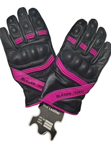 Black Leather branded Blazen Spirit leather glove Purple Royal Blue Orange White Pink detail with Cordura (TM) fabric rain barrier layer