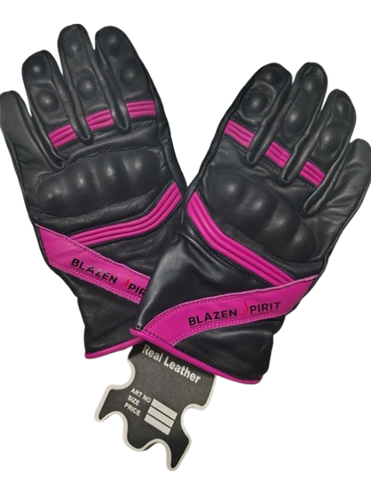Black Leather branded Blazen Spirit leather glove Purple Royal Blue Orange White Pink detail with Cordura (TM) fabric rain barrier layer