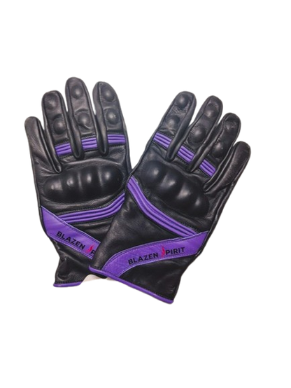 Black Leather branded Blazen Spirit leather glove Purple Royal Blue Orange White Pink detail with Cordura (TM) fabric rain barrier layer