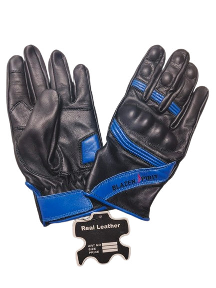 Black Leather branded Blazen Spirit leather glove Purple Royal Blue Orange White Pink detail with Cordura (TM) fabric rain barrier layer