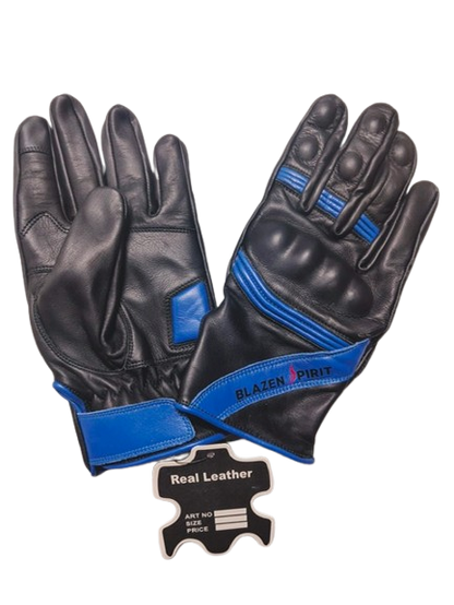 Black Leather branded Blazen Spirit leather glove Purple Royal Blue Orange White Pink detail with Cordura (TM) fabric rain barrier layer