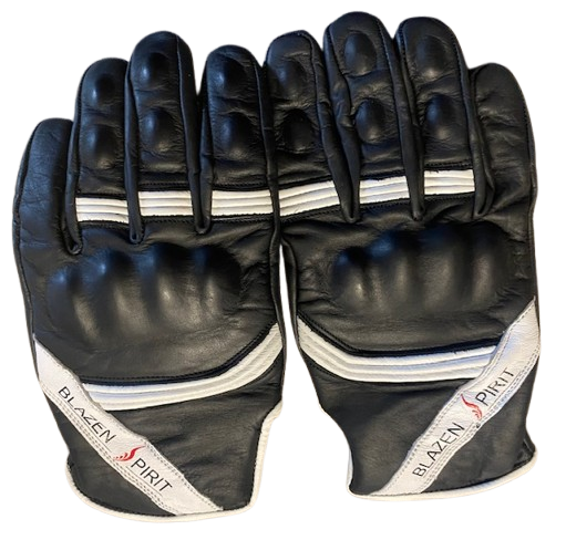 Black Leather branded Blazen Spirit leather glove Purple Royal Blue Orange White Pink detail with Cordura (TM) fabric rain barrier layer