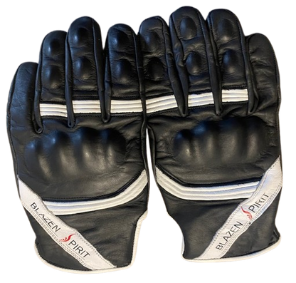 Black Leather branded Blazen Spirit leather glove Purple Royal Blue Orange White Pink detail with Cordura (TM) fabric rain barrier layer